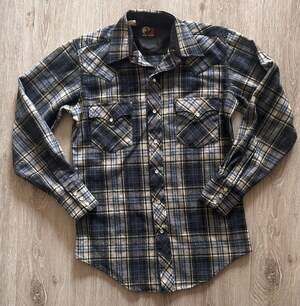Vintage Open Range Blue and Tan Plaid Western Pearl Snap Flannel Shirt